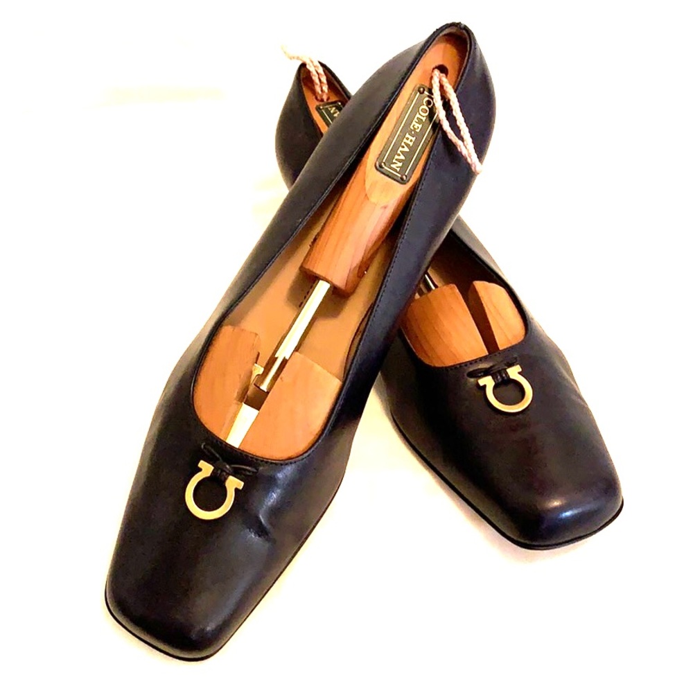 Navy Ferragamo pump with 2 inch stacked heel!New!